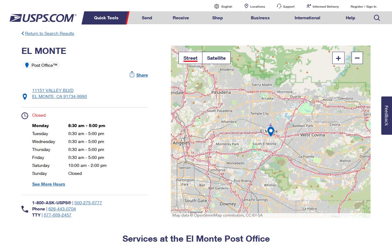 El Monte ZIP code directory view of USPS facilities serving the area